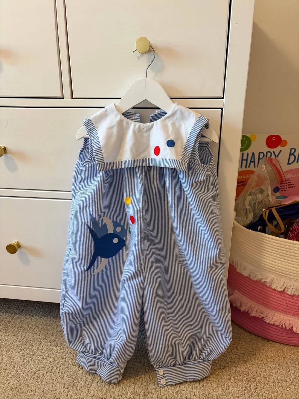 Jayne Copeland Fish Romper 3T Blue White Striped